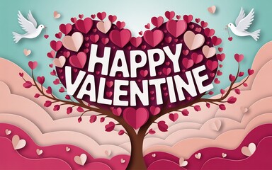 Dreamy layered paper cut illustration of a heart shaped tree with 'happy valentine' text and white doves on a pastel background