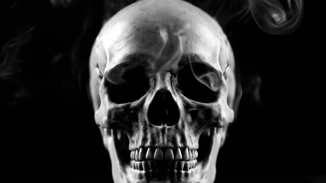 A detailed skull in monochrome, with wisps of smoke in the background