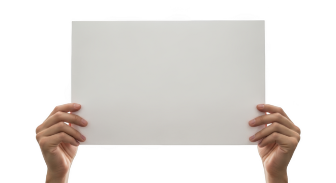 Hands holding a blank white sign banner invitation template isolated on transparent background - Powered by Adobe