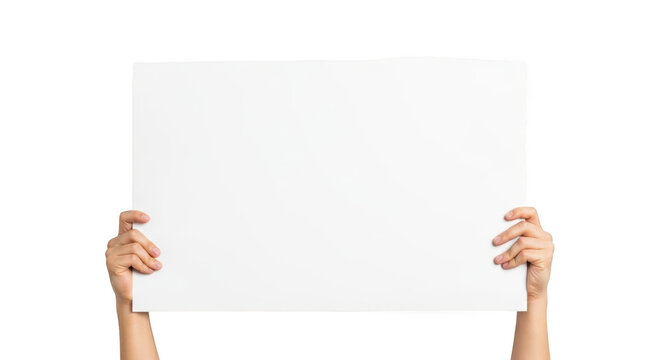 Hands holding blank white board for advertisement or message display isolated on transparent background