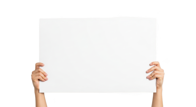 Hands holding blank white board for advertisement or message display isolated on transparent background - Powered by Adobe