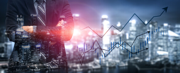 A businessman stands confidently in a suit overlooking a vibrant city skyline. Financial growth graphs and data visualizations represent urban trends and market insights. Scalp