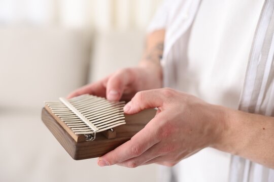 Man playing kalimba at home, closeup. Musical instrument