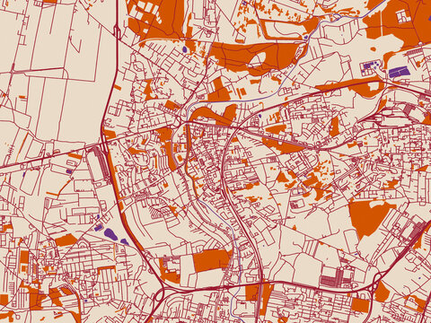 Street network map of Bedzin, Poland, warm boho color palette