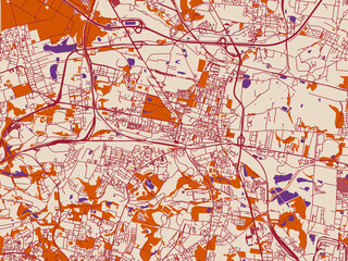 Obraz premium Urban map poster of Bytom, Poland with warm ivory base with deep wine street grid, clay-orange areas and dusky purple waterways