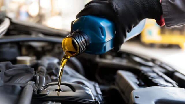 car engine, maintenance, mechanic, protective glove, golden motor oil, blue plastic bottle, engine oil filler, open hood, engine cover, engine components, shallow depth 
