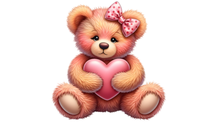 Cute peach teddy bear holding pink heart isolated on white valentine love