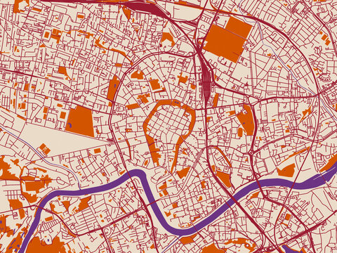 City map of Krakow city center, Poland &ndash; muted violet water and terracotta