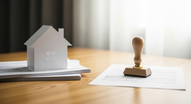 Small paper house model and rubber stamp on legal documents, concept for real estate mortgage and property law