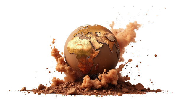 A brown and gold globe buried in soil, can be used for travel or adventure illustrations. transparent background