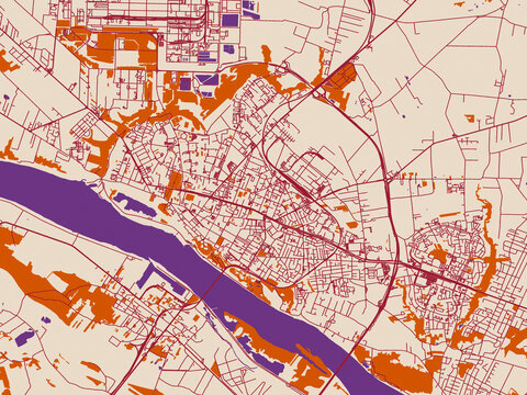 City map of Plock, Poland &ndash; muted violet water and terracotta