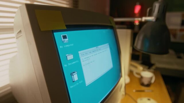 No people close-up of blinking vintage desktop personal computer monitor, running simple 16-bit operating system, blue screen, task list in notepad app, documents and bin icons