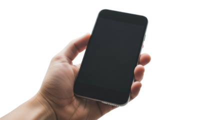 Person holding smartphone with blank screen for app mockup isolated on transparent background