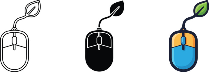 Three colorful computer mouse icons with leafy cords in different styles and colors on a white background