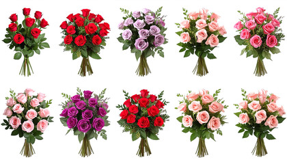 A collection of colorful rose bouquets on transparent background