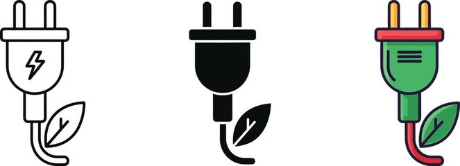 Naklejka premium Electric plug icons with leaf growing out of cord in black white and green colors on white background