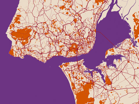 Street map of Lisboa Metropole, Portugal in warm boho color palette