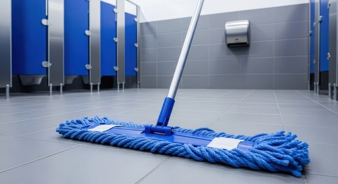 Blue flat mop cleaning the tiled floor in a public restroom with blue cubicles and a hand dryer