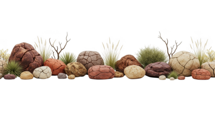 Seamless pattern of rocks and desert plants with cracked texture isolated on transparent background