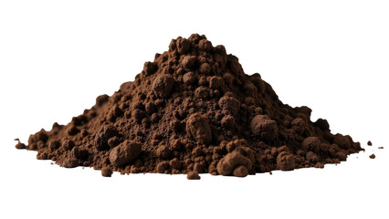 A pile of dirt sits on a clean white surface, ideal for use in still life photography or as a prop for creative projects. transparent background