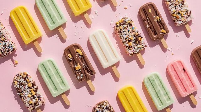 The screenshot showcases an array of colorful ice cream popsicles arranged neatly on a light pink background. The popsicles feature various flavors, including chocolate, vanilla, mint, and fruit. Topp
