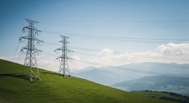 High voltage electricity transmission towers on a grassy hillside with mountains under a clear blue sky