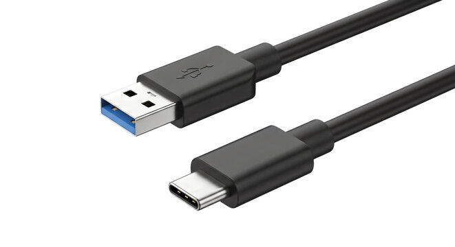 Usb cable with usb a and usb c connectors isolated on transparent background