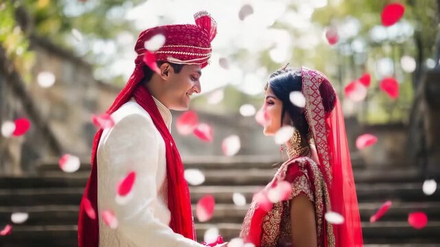 tock wedding photo, Indian bride and groom posing on wide stone steps, standing close and holding hands, bride in red bridal lehenga 