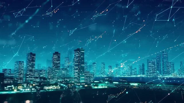Cityscape at dusk with futuristic overlay, showing buildings and connectivity, highlighting technology and urbanization from a high vantage point