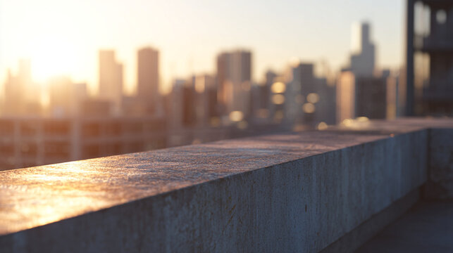 Urban rooftop scene w/ concrete ledge & blurred skyline in the distance, golden hour light