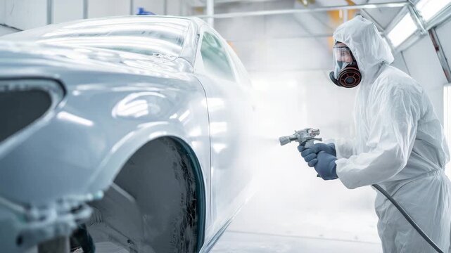 auto body painter, car painting, spray painting, protective suit, respirator mask, automotive workshop, car repair, vehicle painting, paint booth, auto repair shop