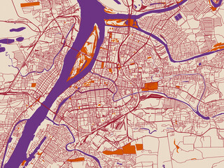Obraz premium Urban map poster of Astrakhan, Russian Federation with minimal cream city base with wine-red streets, terracotta accents and soft purple water areas