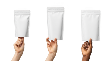 Three hands holding up blank white pouch mockups with a resealable zipper package isolated on transparent background