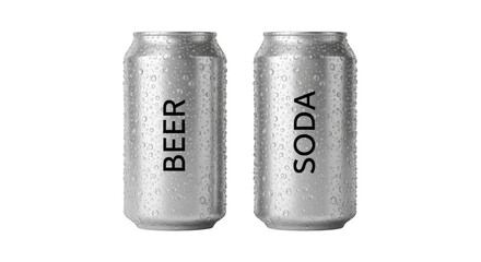 Two chilled beverage cans featuring beer and soda text freshly isolated on transparent background