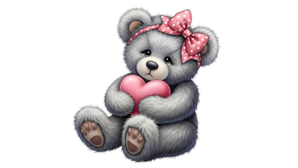 Cute silver grey teddy bear holding pink heart isolated on white valentine