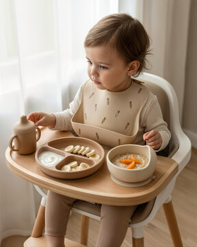 Child sitting in high chair enjoying breakfast with bowls of food and drink on a wooden table in a bright room during morning hours
