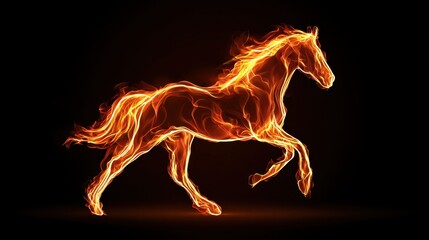 Fototapeta premium Minimalist fiery horse silhouette, glowing flame gradient, isolated dark black background, symbolic Year of the Horse postcard, copy space, 2026 calendar, commercial use, fire, flames.