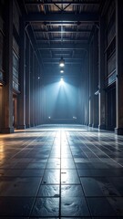 Industrial Hallway with Dramatic Lighting and Architectural Symmetry.