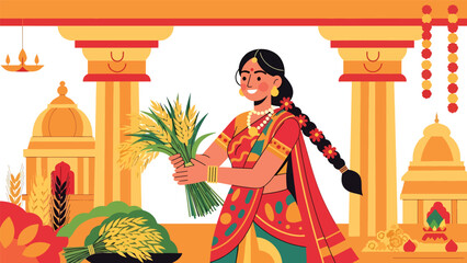 Vector illustration of an Indian woman in traditional dress participating in a harvest celebration ritual, symbolizing abundance, gratitude, and cultural spiritual heritage