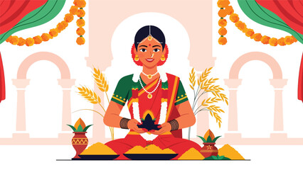 Vector illustration of an Indian woman in traditional dress participating in a harvest celebration ritual, symbolizing abundance, gratitude, and cultural spiritual heritage