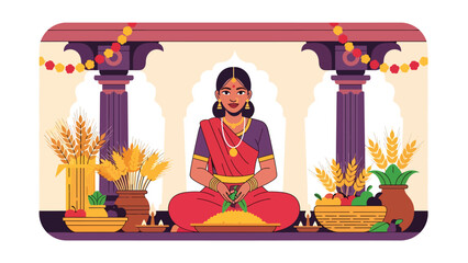 Vector illustration of an Indian woman in traditional dress participating in a harvest celebration ritual, symbolizing abundance, gratitude, and cultural spiritual heritage