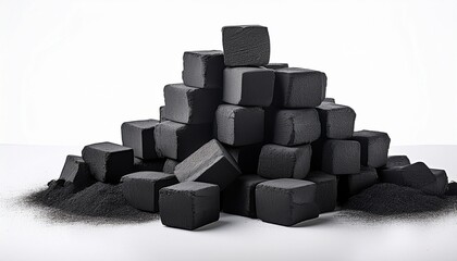 Stack Of Charcoal Briquettes On White Background