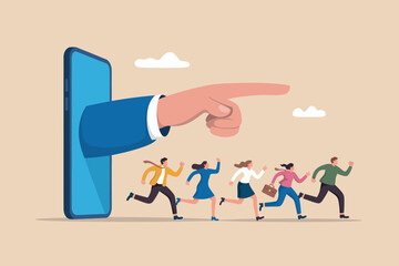 A large hand emerges from a smartphone, pointing and directing a group of diverse professionals running forward