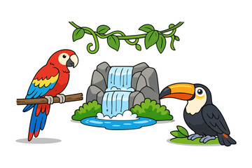Obraz premium Colorful tropical birds with lush waterfall and jungle elements