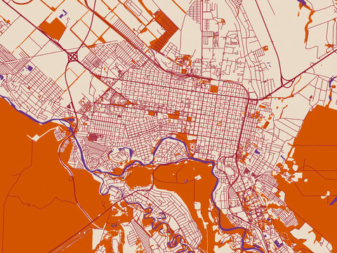 Cartographic city illustration of Maykop, Russian Federation &mdash; warm neutral background with burgundy linework streets, terracotta blocks and violet water contrast
