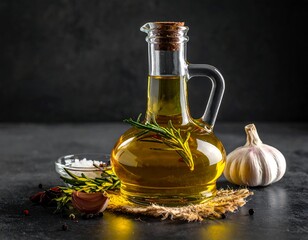 Infused Olive Oil with Rosemary and Garlic on Dark Surface.