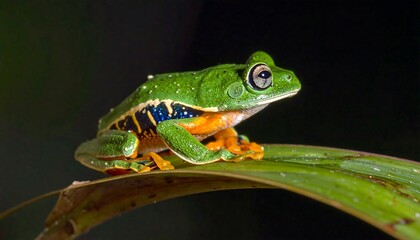 Obraz premium Vivid portrait of a tree frog perched on a green leaf, with striking colors and details against a dark background