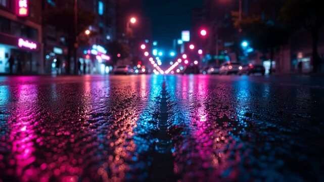 Pink and blue neon lights reflecting on the wet asphalt of a city street during a rainy night