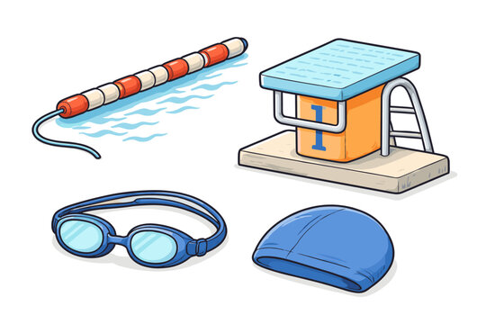 Swimming pool elements with diving platform, goggles, cap, and lane rope in cartoon style