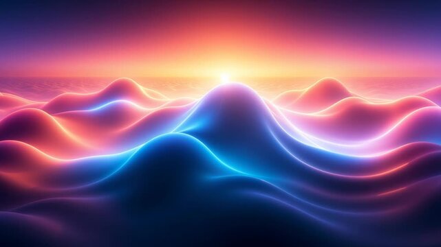 Luminous and colorful waves moving under a futuristic rising sun with glowing lens flare effect